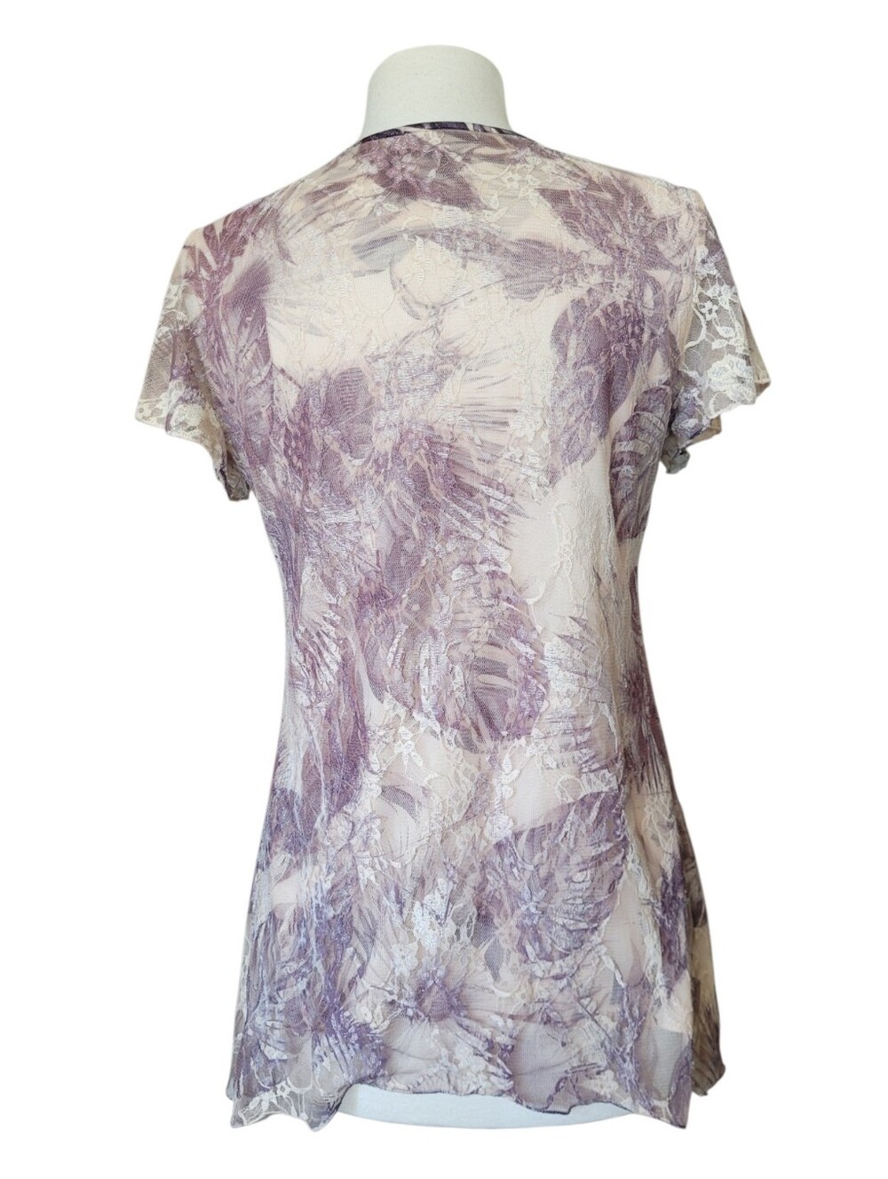 Y2K Fairycore Lace Overlay Botanical Print Blouse Rhinestones Lavender Cream - Picture 6 of 14